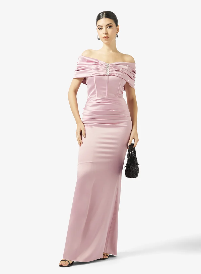 Akadia Fashion  EMBELLISHED SHOULDER SATIN DRESS for Women | Best Price UAE
